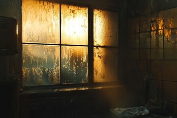 Dirty windows becoming clear and spotless, light reflections on clean glass in an urban or home setting, cinematic lighting, concept of window cleaning, urban maintenance, bright interiors