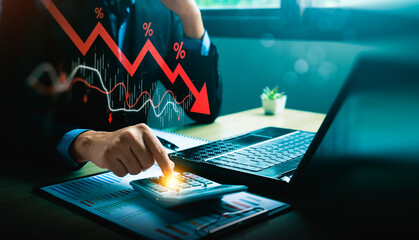 Businessman Analyzing Financial Crisis with Declining Graph, Percentages, and Calculator,...