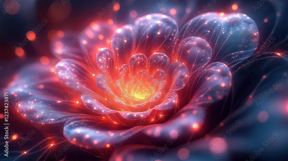 Poster glowing fractal flower with sparkling particles on dark background