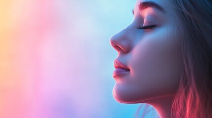 Fototapeta premium Serene young woman profile, vibrant neon backdrop, peaceful expression, meditation, wellness website