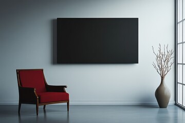 Minimalist interior with black screen and red chair	