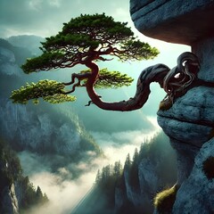 A tree growing sideways from a cliff, defying gravity