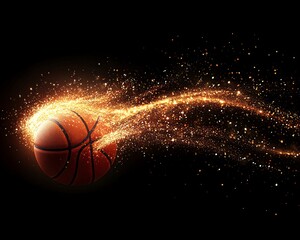 Glowing basketball in motion, dark background, sports action, energy