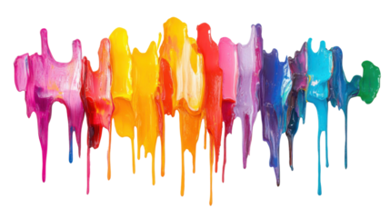 Dripping paint strokes form a colorful spectrum on transparent background