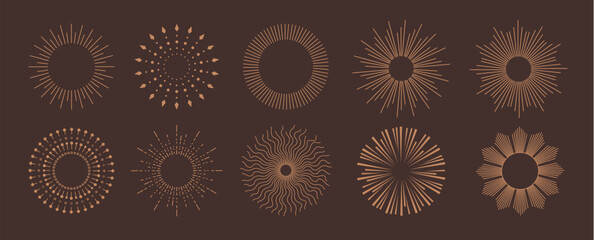 Sunburst icon clipart set. Vintage sunburst clip art logo and symbol collection with radial abstract sunrays vector illustration in dark background.
