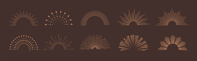 Sunburst logo clipart set. Vintage half sunburst clip art icon and symbol collection with radial sunset sunrays vector illustration in dark background.
