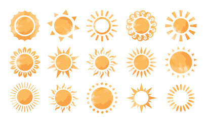 Sun abstract icon clipart set. Yellow sun clip art summer symbol flat collection with variety of sunrays vector illustration. 
