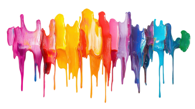 Dripping paint strokes form a colorful spectrum on transparent background