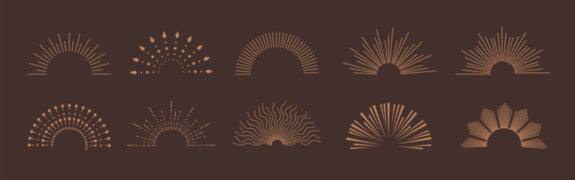 Sunburst logo clipart set. Vintage half sunburst clip art icon and symbol collection with radial sunset sunrays vector illustration in dark background.
