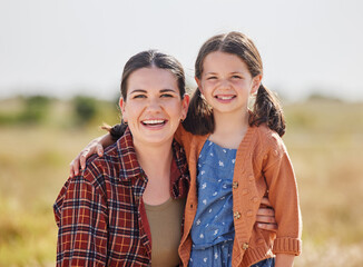 Obraz premium Happy, nature and portrait of mother with child for teaching of sustainable or eco friendly farm. Outdoor, bonding and girl learning family agribusiness with mom on organic field in countryside