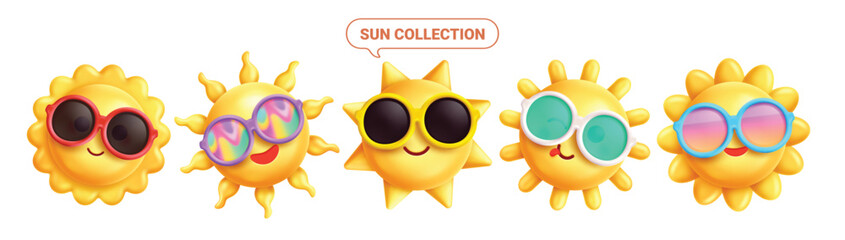 Sun face clipart set. Yellow sun clip art with cute and cool facial expressions wearing sunglasses elements vector illustration summer emoticon collection.
