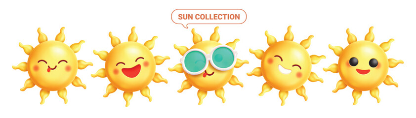Sun cartoon clipart set. Yellow sun face emoticon clip art with happy and cheerful facial expressions summer collection in white background vector illustration.
