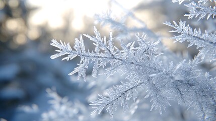 Frosty winter branch, sunlit forest background, nature scene, ideal for seasonal greeting cards