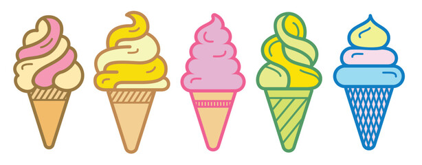 Ice cream logo clipart set. Colorful cone ice cream icon clip art in pictogram style vector illustration color pastel sweet dessert collection.
