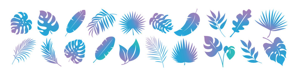 Tropical leaves blue clipart set. Tropical leaves icon and symbol collection in pastel color vector illustration summer plant clip art.
