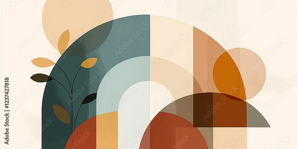 Poster abstract geometric composition featuring interlocking shapes and warm colors with plant