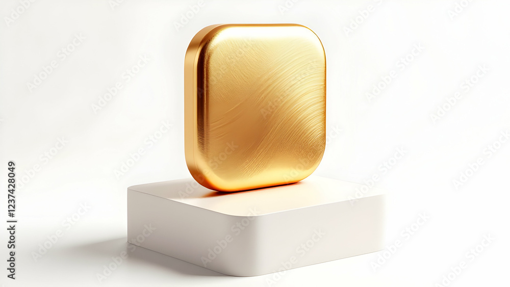 Poster golden rectangular icon on white cube minimalist 3d render