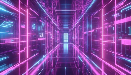 Fototapeta premium Futuristic Neon Corridor with Glowing Lines and Reflective Floor