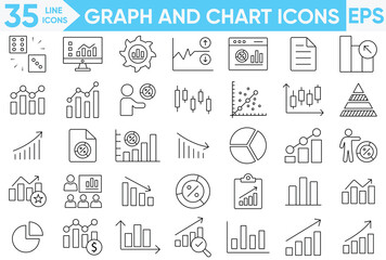 Graph and Chart line icon set.Analytics, trends, finance, line chart,  report, statistics, dashboard, bubble, growth, infographics, insights and more.Vector and illustrator set.