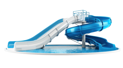 Two blue and white plastic waterslides entering a small round swimming pool on transparent background