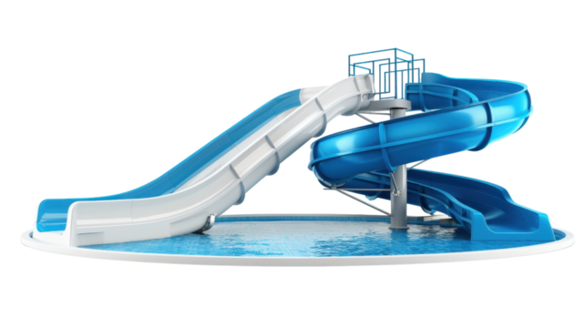 Two blue and white plastic waterslides entering a small round swimming pool on transparent background
