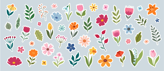 Set of flower stickers on a blue background