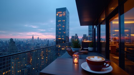 Rooftop cafe, city sunset view, Manhattan skyline, evening relaxation