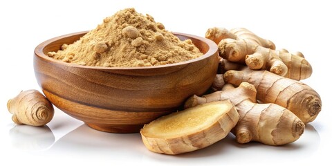 Vibrant ground and fresh ginger showcased in a rustic wooden bowl; a healthy cooking ingredient, beautifully photographed.