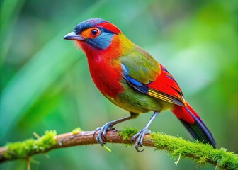 Obraz premium Vibrant Red-faced Liocichla, Liocichla phoenicea, beautifully captured in a close-up branch portrait.