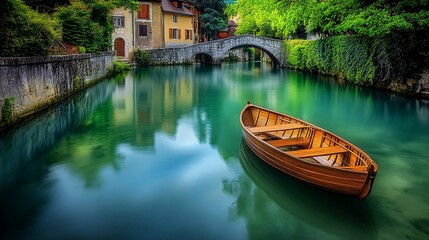 Obraz premium Calm river, wooden boat, village reflection, idyllic scene, travel postcard