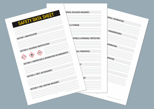 Safety data sheet document with sixteen section based on global harmonization system vector illustration.