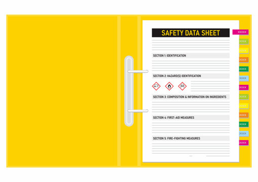 Illustration of safety data sheet document. SDS page in the binder folder. Occupational health and safety for handling chemical and dangerous material.