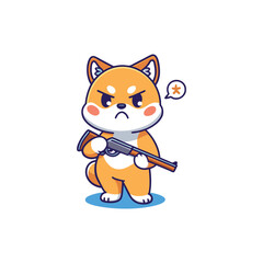 A fierce and angry Shiba Inu dog holding a shotgun