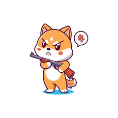 A fierce and angry Shiba Inu dog holding a shotgun