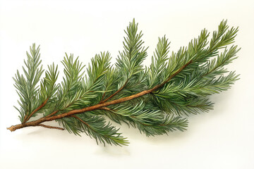 Pine branch with green needles on white background.