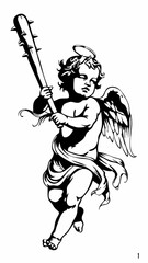 Unique Black and White Artwork of an Angel Holding a Spiked Bat, Powerful Cherub with Wings and a Dangerous Weapon, Intricate and Bold Angelic Design with Unusual Symbolism