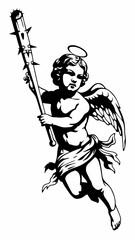 Fototapeta premium Unique Black and White Artwork of an Angel Holding a Spiked Bat, Powerful Cherub with Wings and a Dangerous Weapon, Intricate and Bold Angelic Design with Unusual Symbolism
