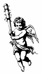 Unique Black and White Artwork of an Angel Holding a Spiked Bat, Powerful Cherub with Wings and a Dangerous Weapon, Intricate and Bold Angelic Design with Unusual Symbolism