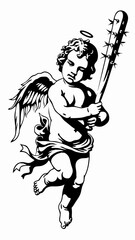 Unique Black and White Artwork of an Angel Holding a Spiked Bat, Powerful Cherub with Wings and a Dangerous Weapon, Intricate and Bold Angelic Design with Unusual Symbolism