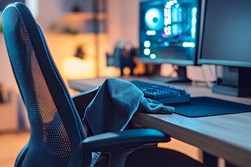 Worker cleaning an ergonomic office chair with a cloth, clean desk computer setup in the background, minimalist design, soft lighting, concept office cleanliness, productivity, workspace maintenance