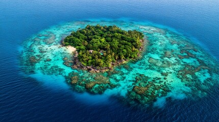 Aerial View of a Lush Tropical Island Surrounded by Blue Waters