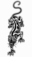 Dynamic Tribal Tiger in Stalking Pose, Black and White Artwork of a Powerful Tiger with Intricate Tribal Patterns, Fearsome Tiger with Clawed Paws and Flowing Tail in Action