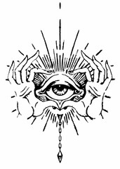 Powerful Artwork of Hands Revealing a Third Eye, Black and White Illustration of a Hand Forming an Eye Symbol with Radiating Light, Mystical Eye Surrounded by Spiritual Energy and Divine
