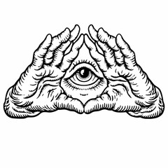 Intricate Illustration of Hands Forming an Eye Symbol, Black and White Artwork of a Mysterious Third Eye Surrounded by Hands, Detailed Hand and Eye Artwork with Unique Symbolism