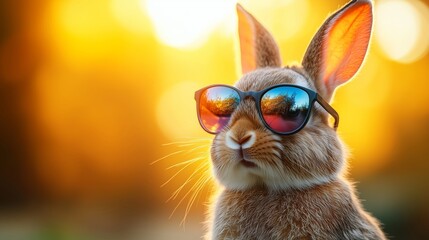 Charming Rabbit with Sunglasses Enjoys the Warm Sunset Glow
