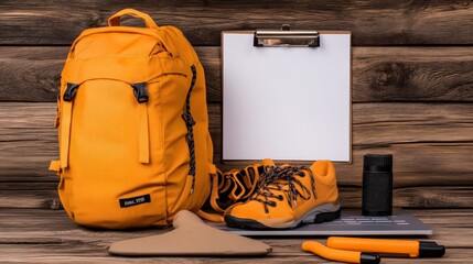 Adventurer's Essentials: A bright orange backpack, hiking boots, and notepad, ready for outdoor expeditions.