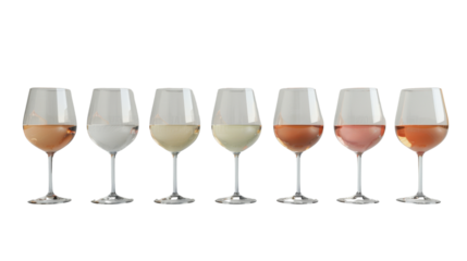 Row of wine glasses showing different wine types on transparent background