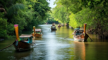 Obraz premium Serene Tropical River with Traditional Longtail Boats in Lush Greenery