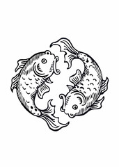 Elegant Black and White Illustration of Two Koi Fish Swimming in a Circular Formation, Intricate Design with Detailed Scales and Flowing Fins, Symbolic Yin-Yang Koi Fish Artwork