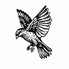 Graceful Bird in Flight, Black and White Illustration of a Bird Spreading Its Wings in Mid-Air, Detailed Artwork of a Flying Bird with Intricate Feather Designs